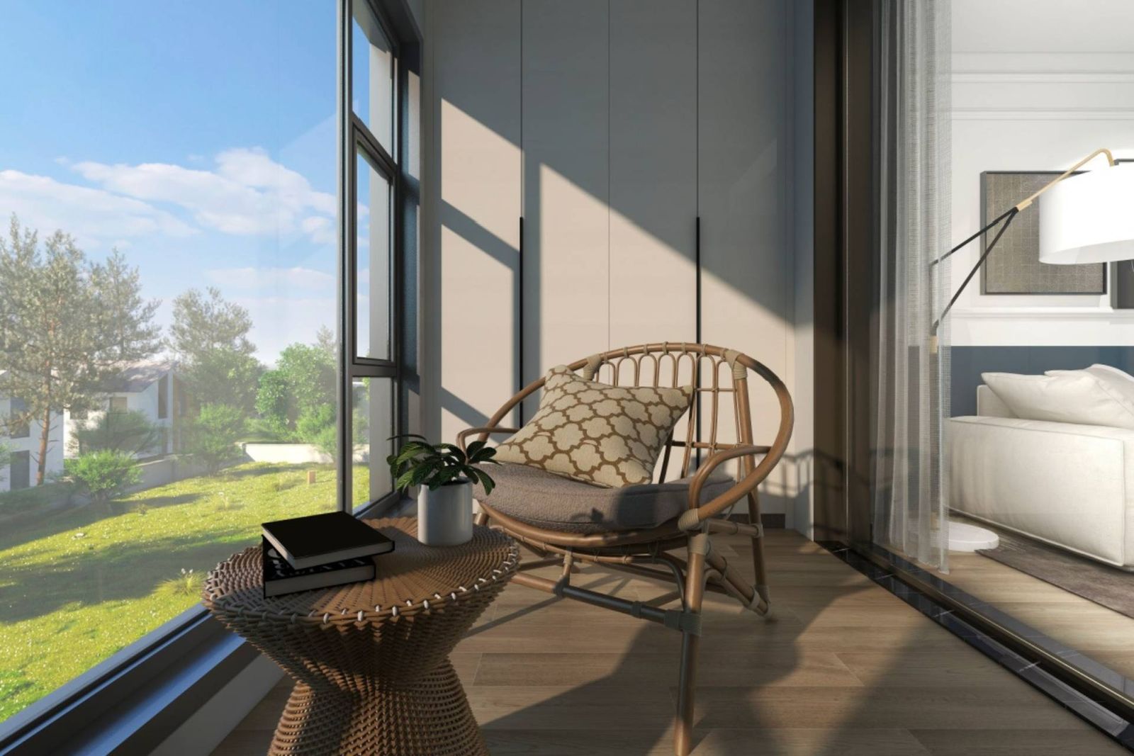 balcon modern inchis cu termopan, mobilier si parchet din lemn masiv