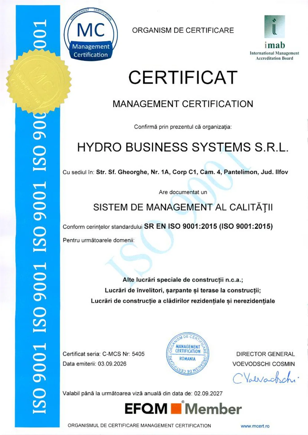 Certificat SR EN ISO 9001:2015 — Sistem de Management al Calității, Hydro Business Systems S.R.L., emis de Management Certification