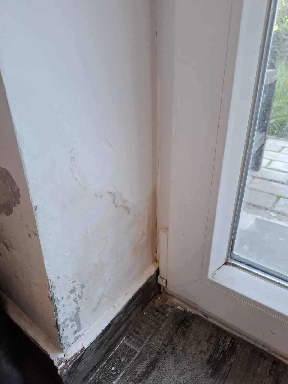 Eflorescențe albe și umezeală la baza unui perete, lângă ușa de acces