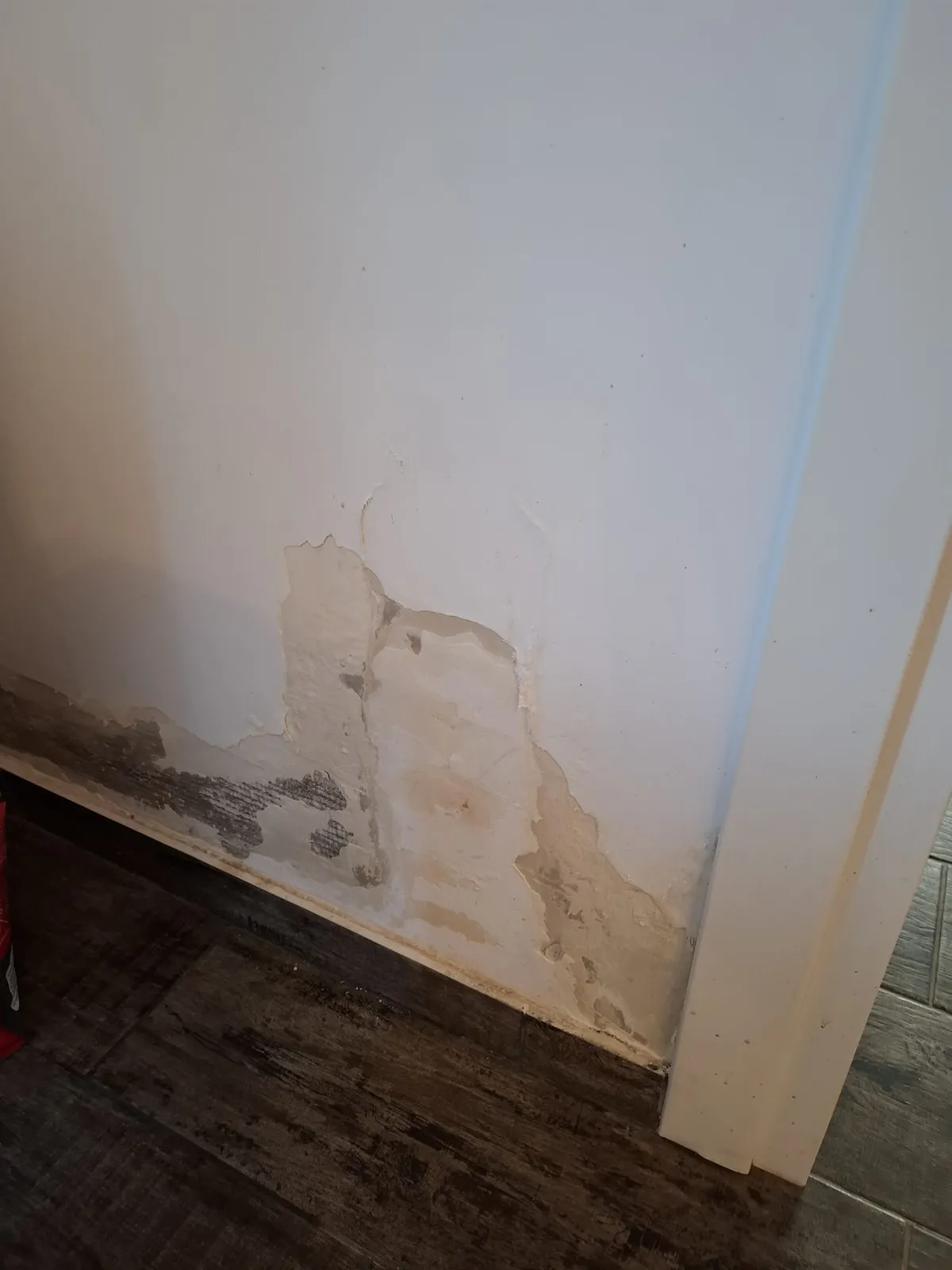 Perete interior cu igrasie și tencuială degradată la baza zidului