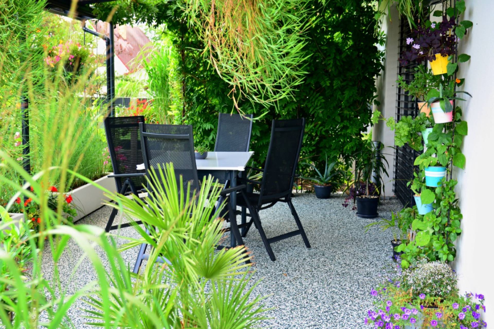 mobilier de gradina cu plante verzi pe covor din marmura