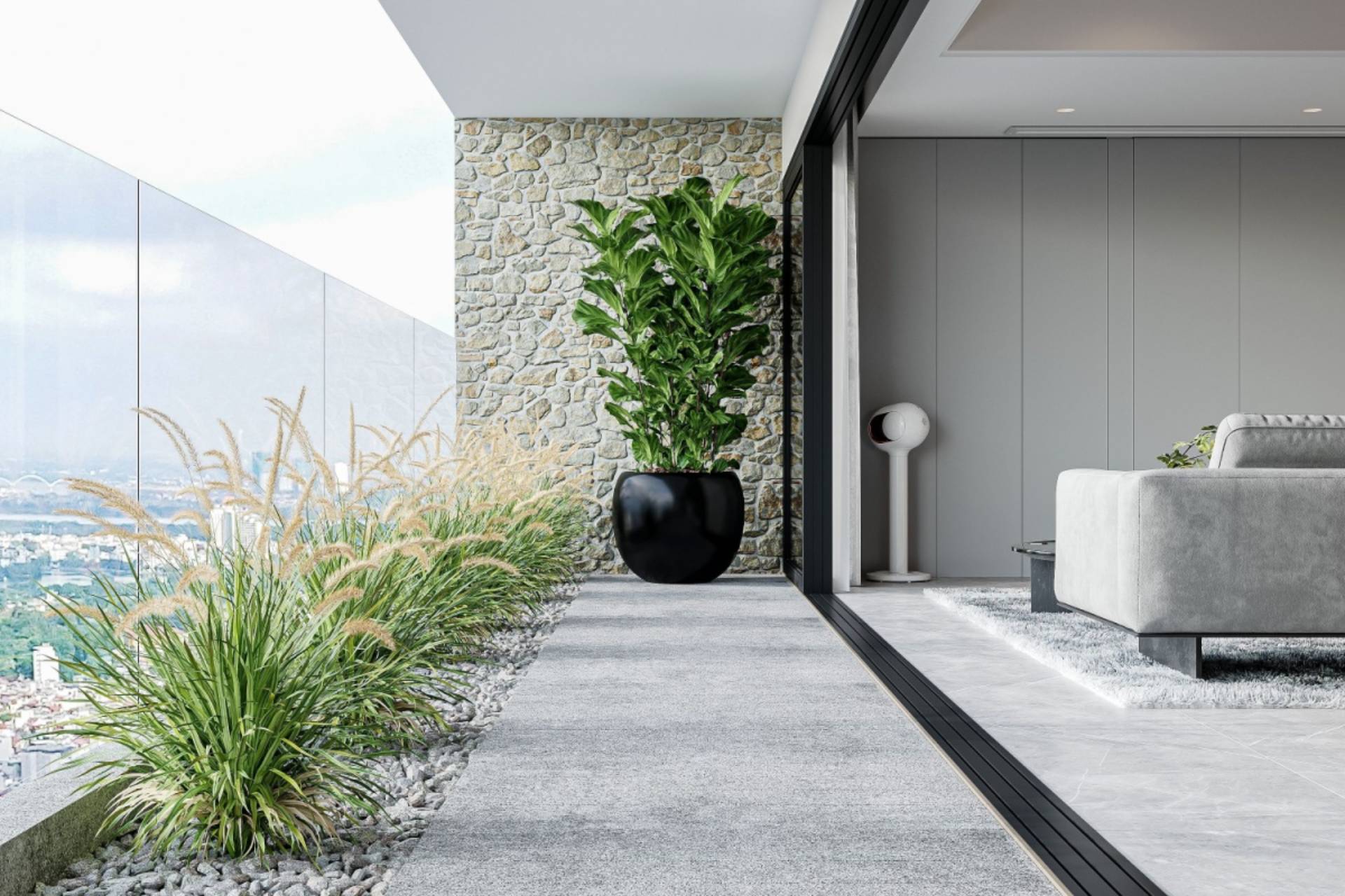 balcon modern deschis cu plante verzi si piatra naturala